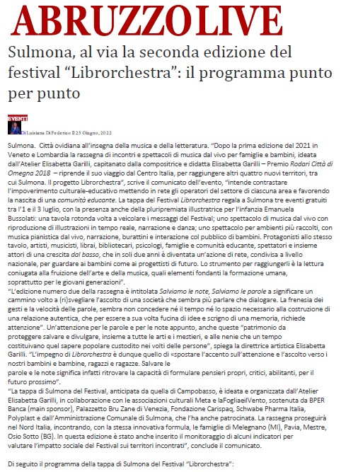 2022.06.25 AbruzzoLive Sulmona al via la seconda edizione del festival Librorchestra Screenshot 03 –